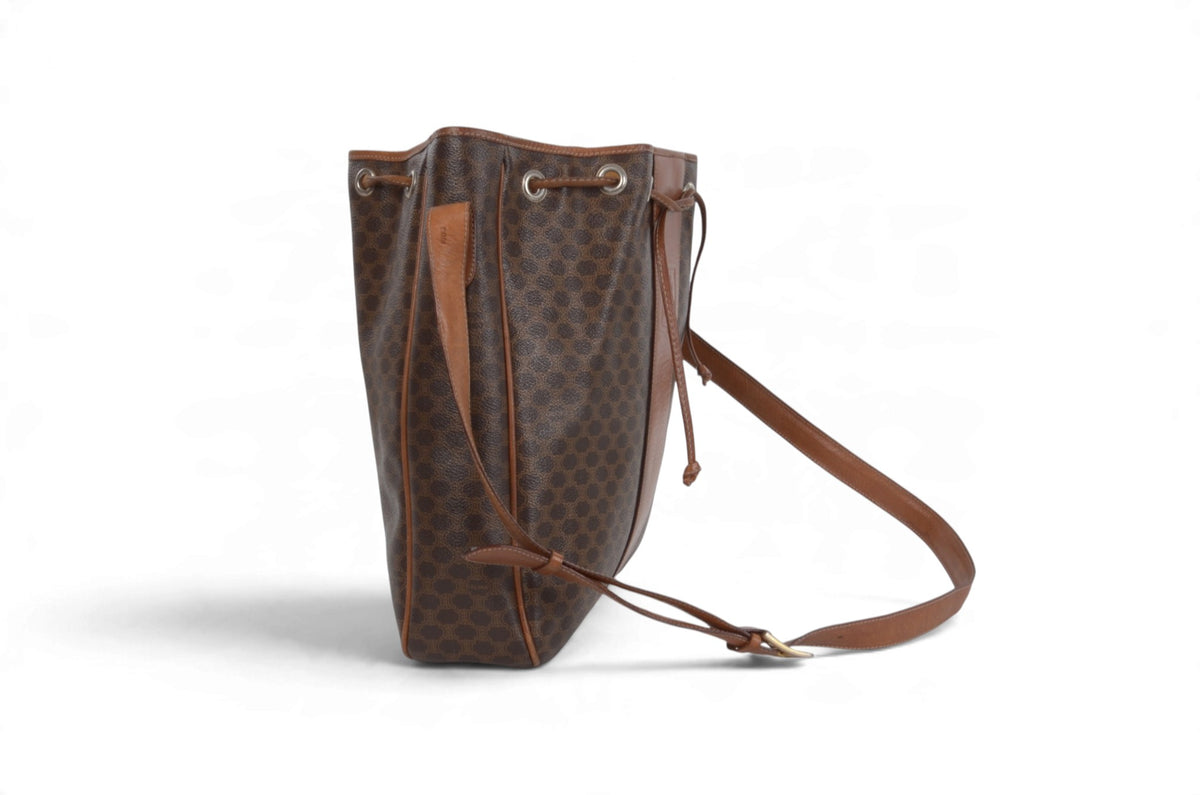 Celine Vintage Triomphe Monogram Drawstring Bucket Shoulder Bag
