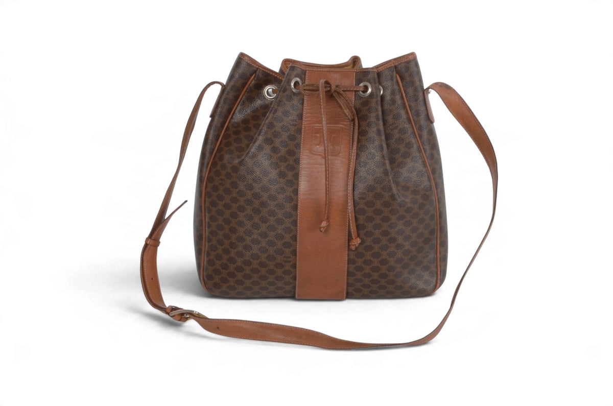 Celine Triomphe vintage drawstring bucket bag side profile