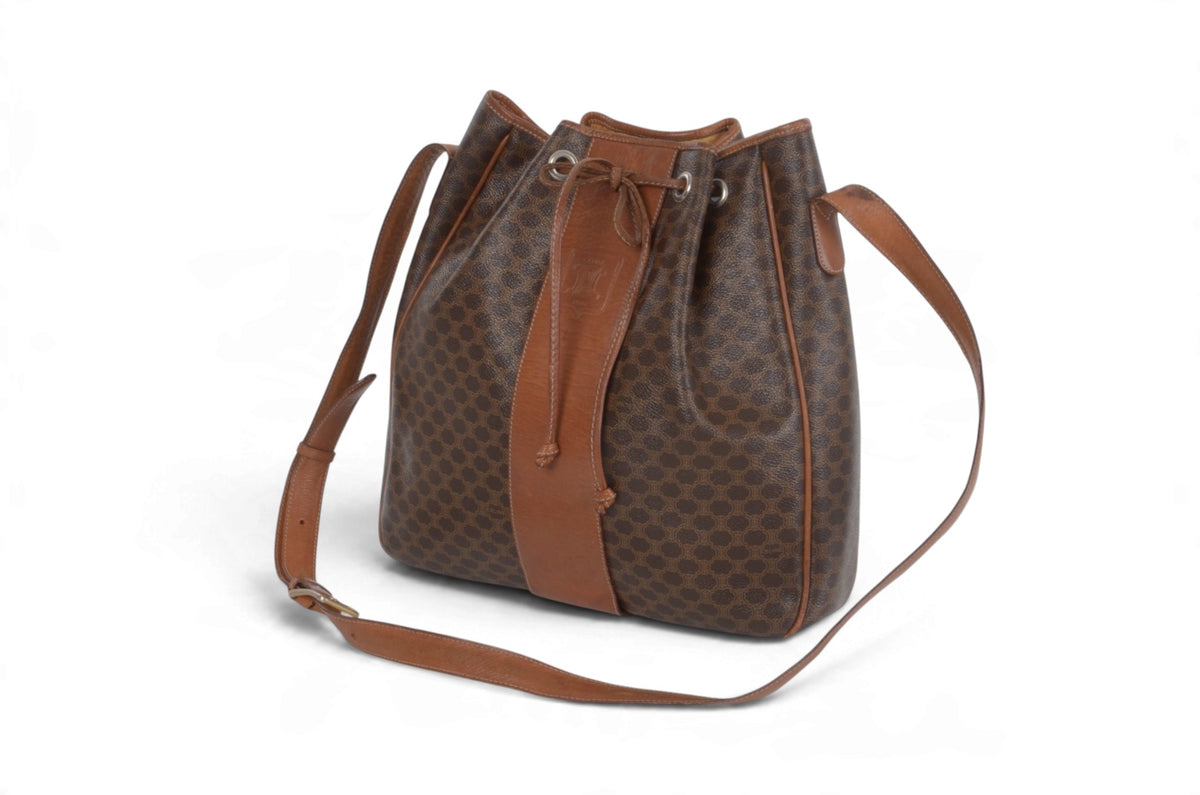 Celine vintage brown monogram shoulder bag showing back and leather details
