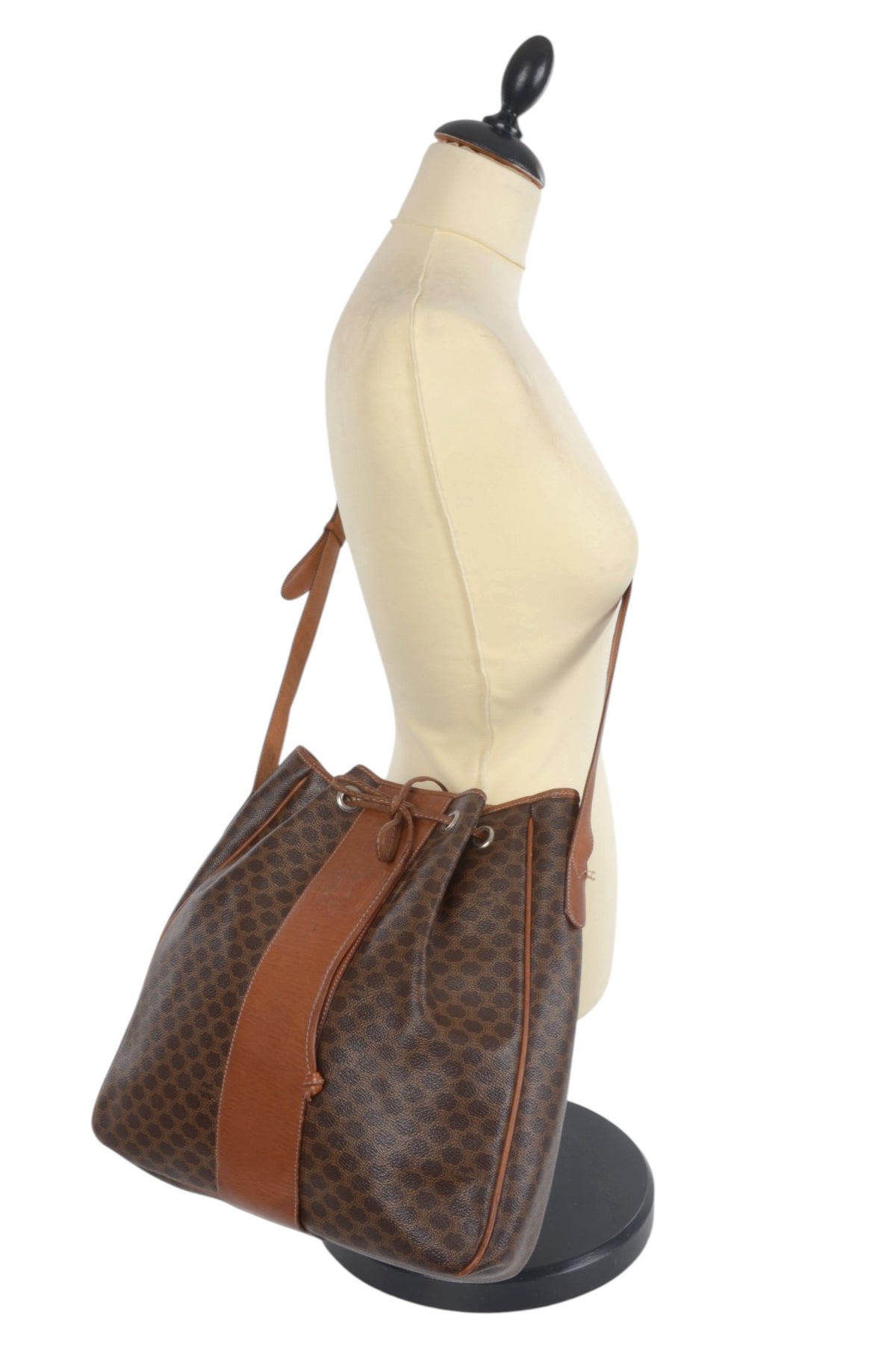 Celine Vintage Triomphe Monogram Drawstring Bucket Shoulder Bag