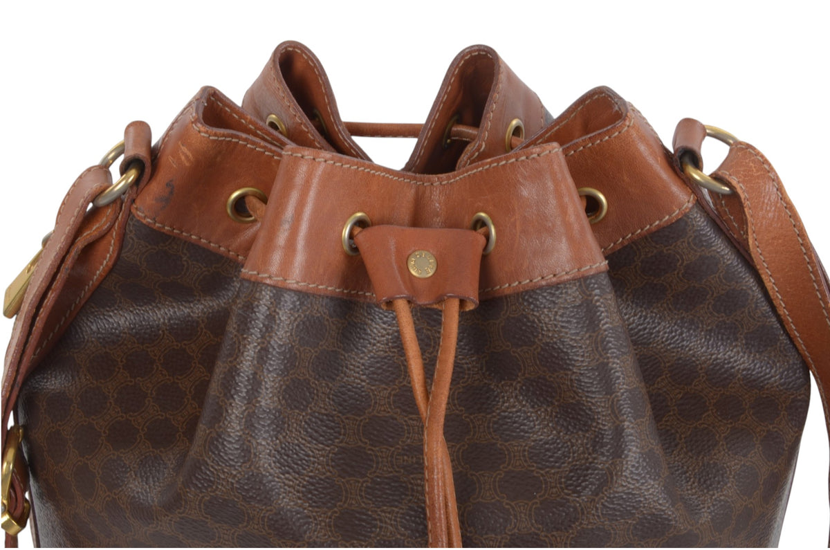 Celine Vintage Triomphe Monogram Drawstring Bucket Shoulder Bag