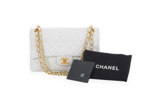 Chanel Classic Medium Double Flap Bag 25 W-Flap Matelasse White Lambskin Vintage Timeless Classic Coco Mark Turn Lock Chain Shoulder Bag Crossbody