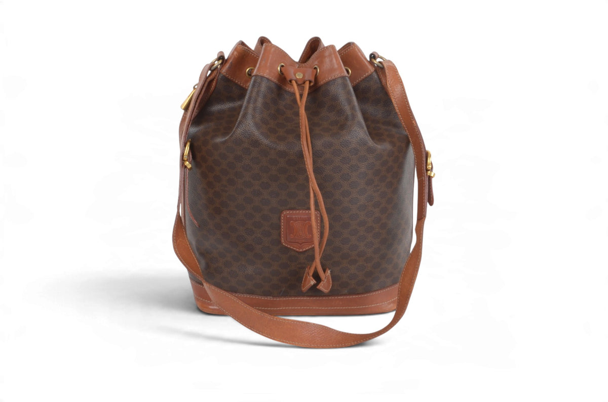 Celine vintage brown monogram shoulder bag back view with leather details