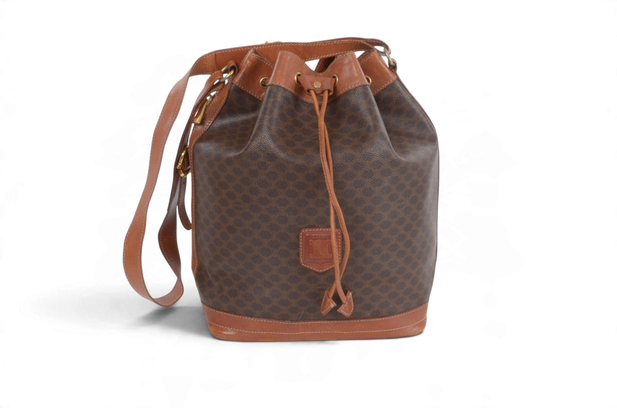 Celine Vintage Triomphe Monogram Drawstring Bucket Shoulder Bag