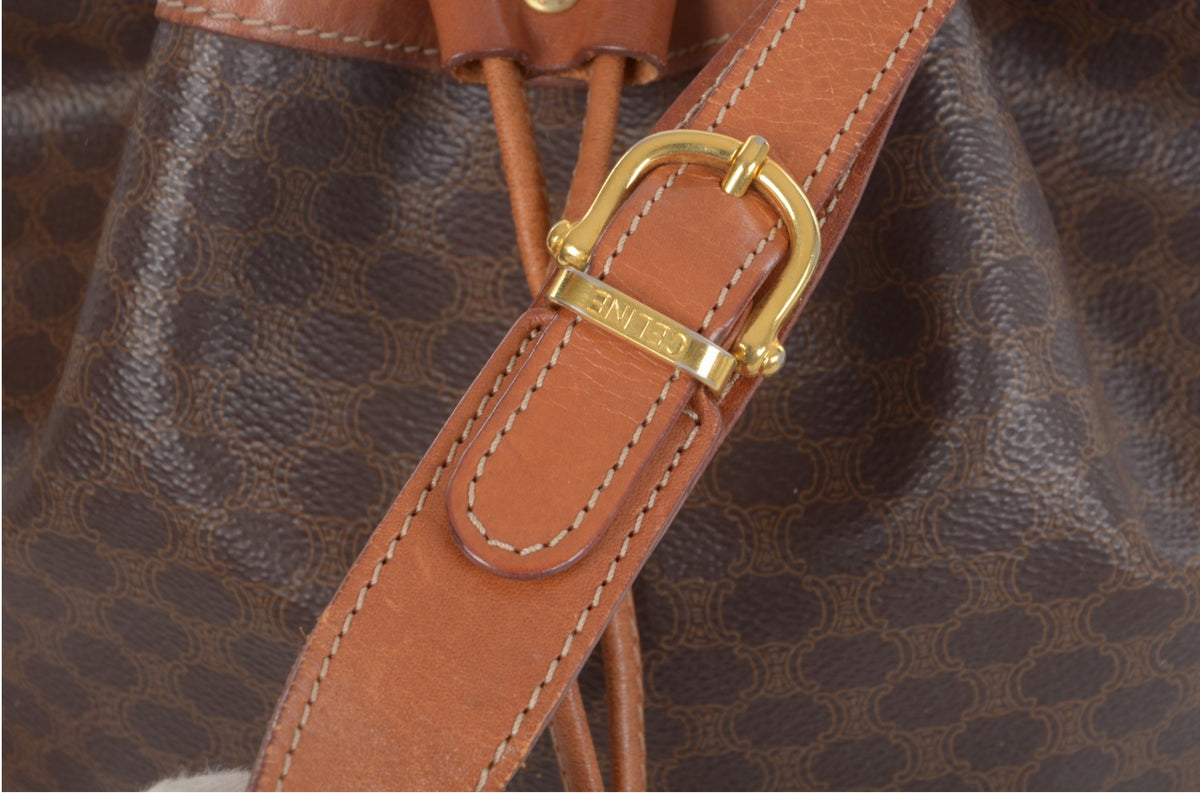 Celine Vintage Triomphe Monogram Drawstring Bucket Shoulder Bag