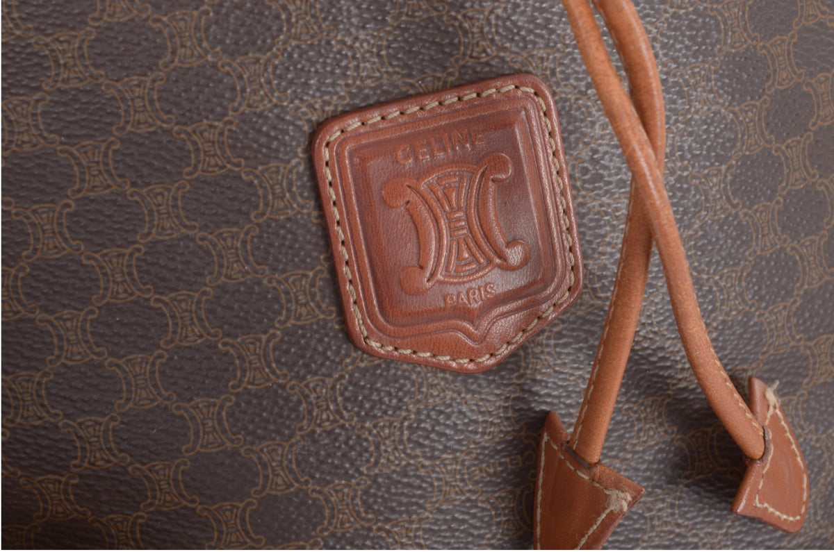 Celine Vintage Triomphe Monogram Drawstring Bucket Shoulder Bag