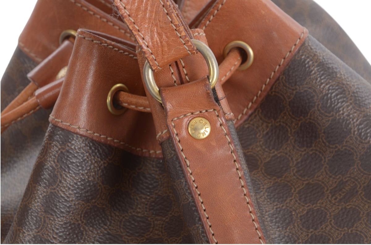 Celine Vintage Triomphe Monogram Drawstring Bucket Shoulder Bag