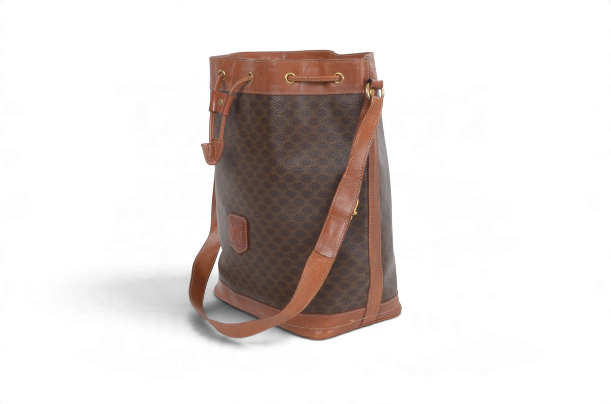 Celine Vintage Triomphe Monogram Drawstring Bucket Shoulder Bag