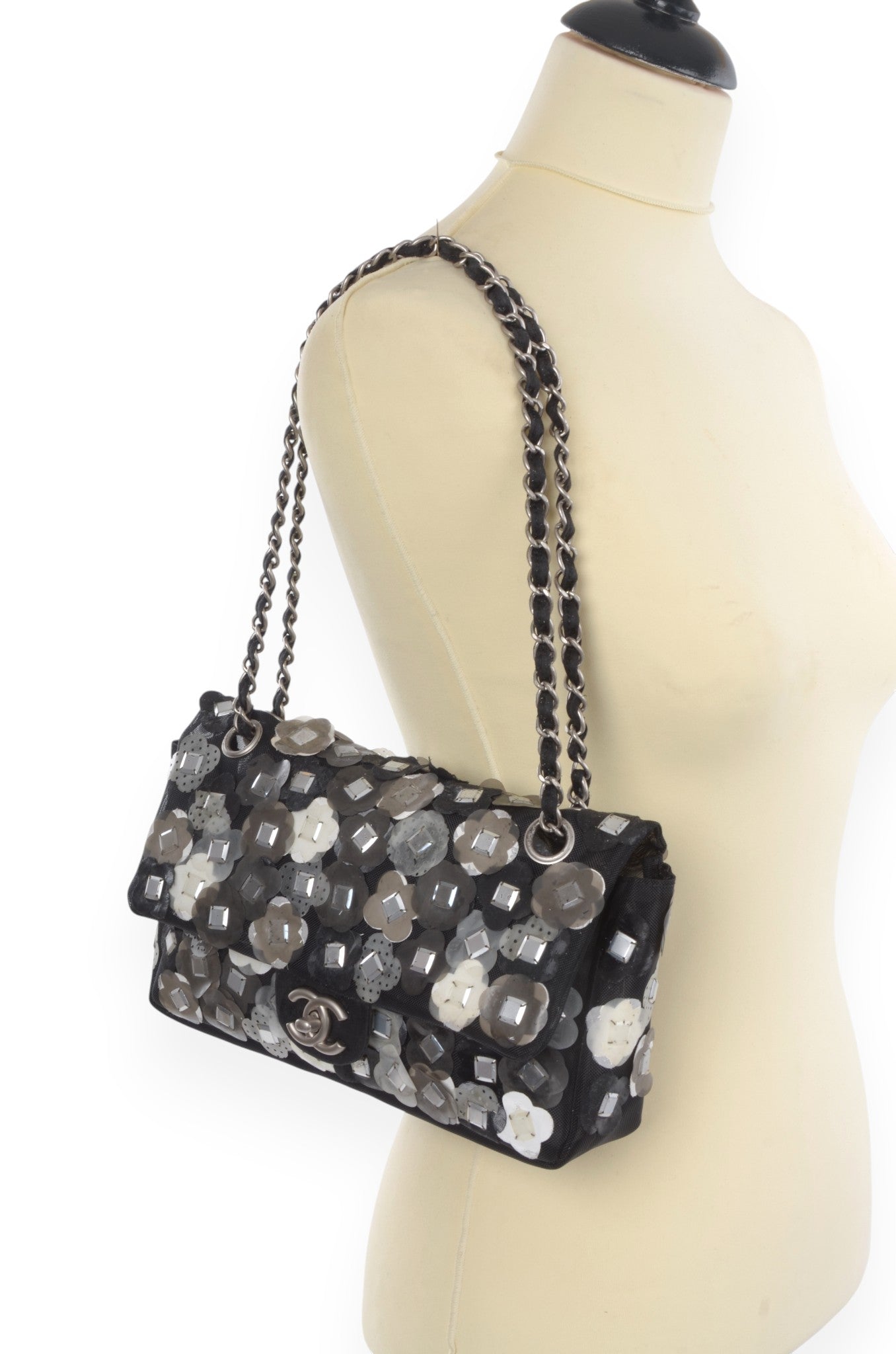 Chanel Mesh Paillette Flap Bag Sequined Floral Camellia Flowers Matelasse Black Vintage Turn Lock Chain Shoulder Bag Crossbody Rare Limited Edition