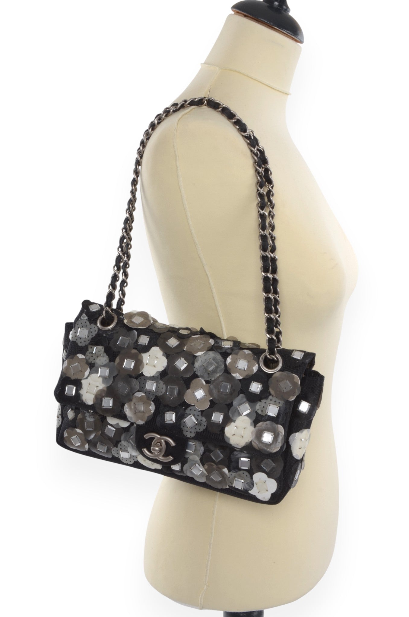 Chanel Mesh Paillette Flap Bag Sequined Floral Camellia Flowers Matelasse Black Vintage Turn Lock Chain Shoulder Bag Crossbody Rare Limited Edition