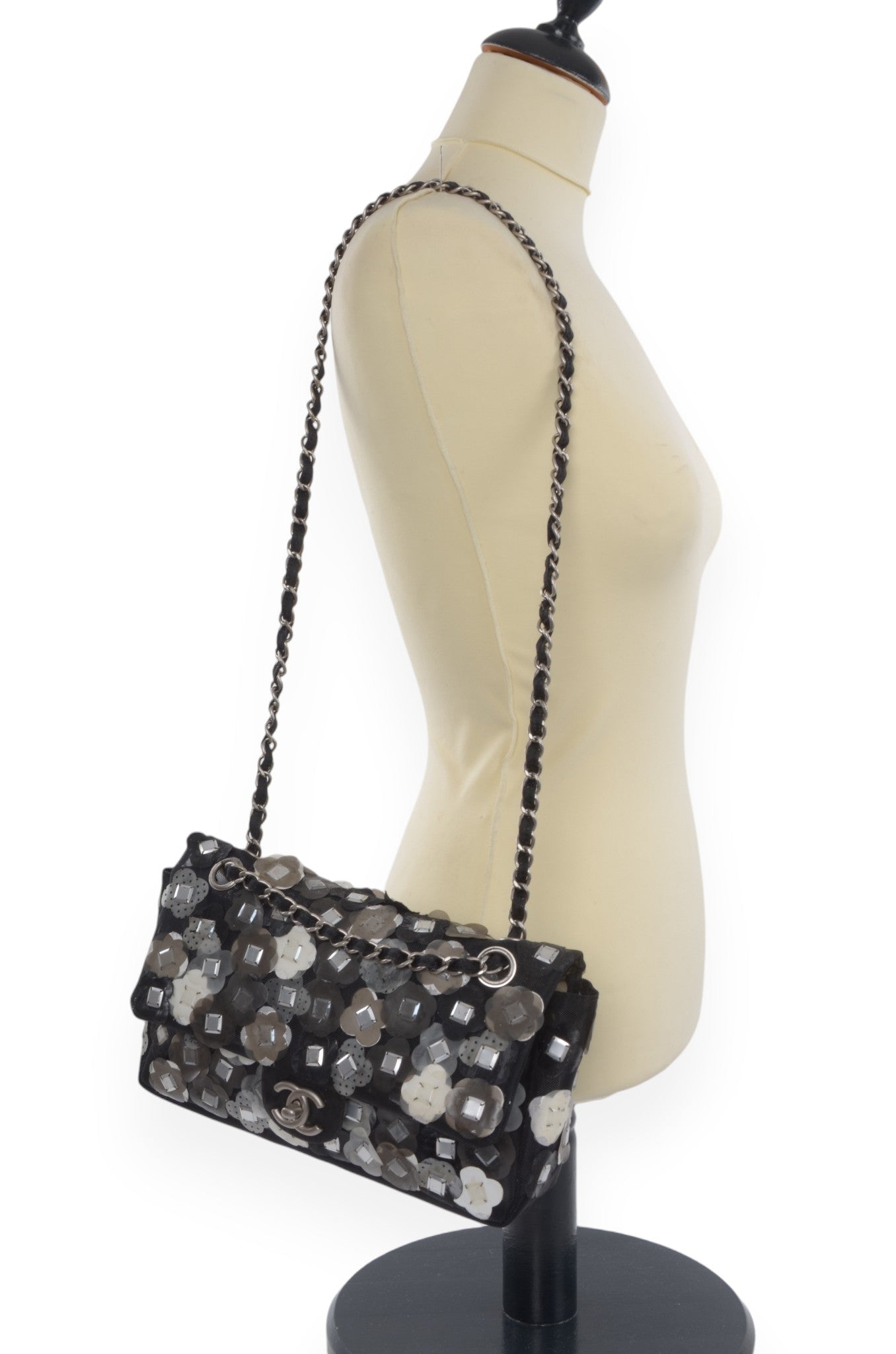 Chanel Mesh Paillette Flap Bag Sequined Floral Camellia Flowers Matelasse Black Vintage Turn Lock Chain Shoulder Bag Crossbody Rare Limited Edition