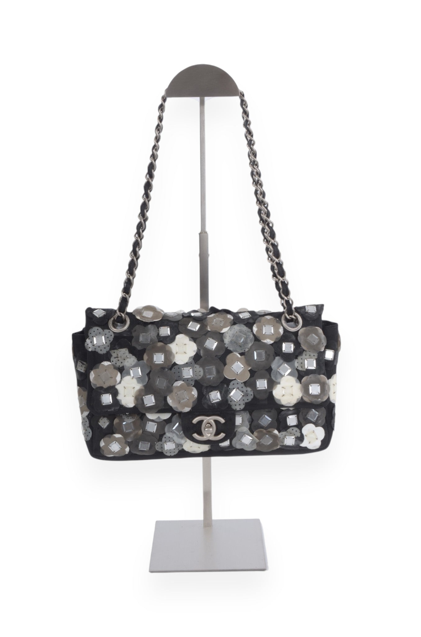 Chanel Mesh Paillette Flap Bag Sequined Floral Camellia Flowers Matelasse Black Vintage Turn Lock Chain Shoulder Bag Crossbody Rare Limited Edition