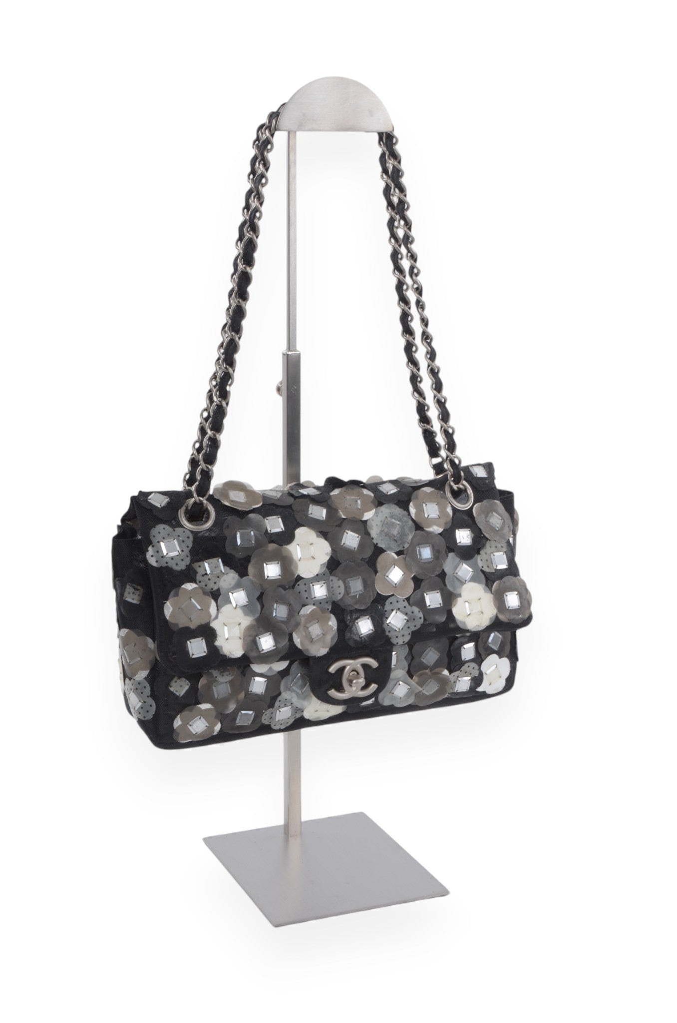 Chanel Mesh Paillette Flap Bag Sequined Floral Camellia Flowers Matelasse Black Vintage Turn Lock Chain Shoulder Bag Crossbody Rare Limited Edition