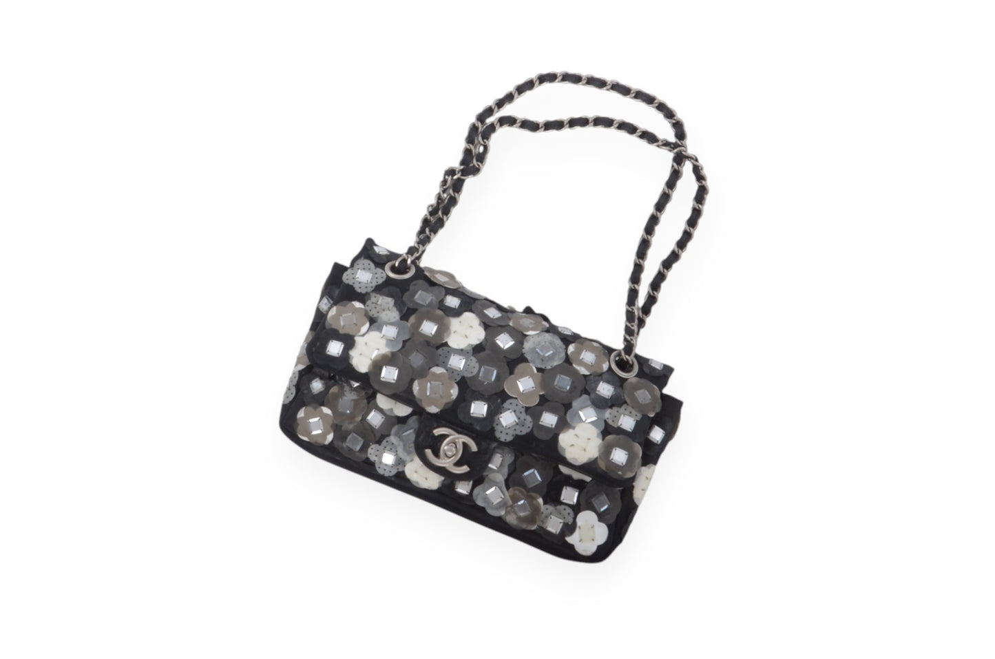 Chanel Mesh Paillette Flap Bag Sequined Floral Camellia Flowers Matelasse Black Vintage Turn Lock Chain Shoulder Bag Crossbody Rare Limited Edition