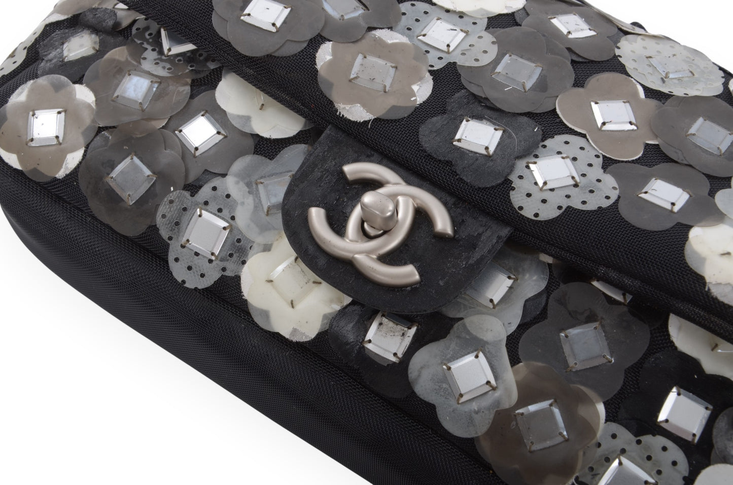 Chanel Mesh Paillette Flap Bag Sequined Floral Camellia Flowers Matelasse Black Vintage Turn Lock Chain Shoulder Bag Crossbody Rare Limited Edition