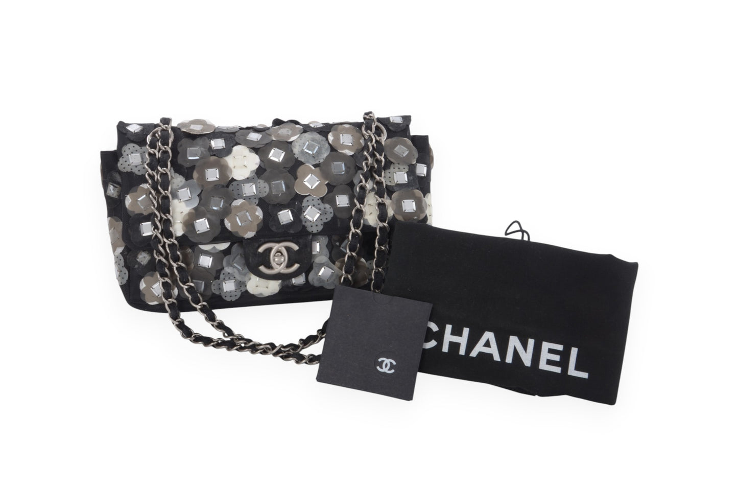 Chanel Mesh Paillette Flap Bag Sequined Floral Camellia Flowers Matelasse Black Vintage Turn Lock Chain Shoulder Bag Crossbody Rare Limited Edition