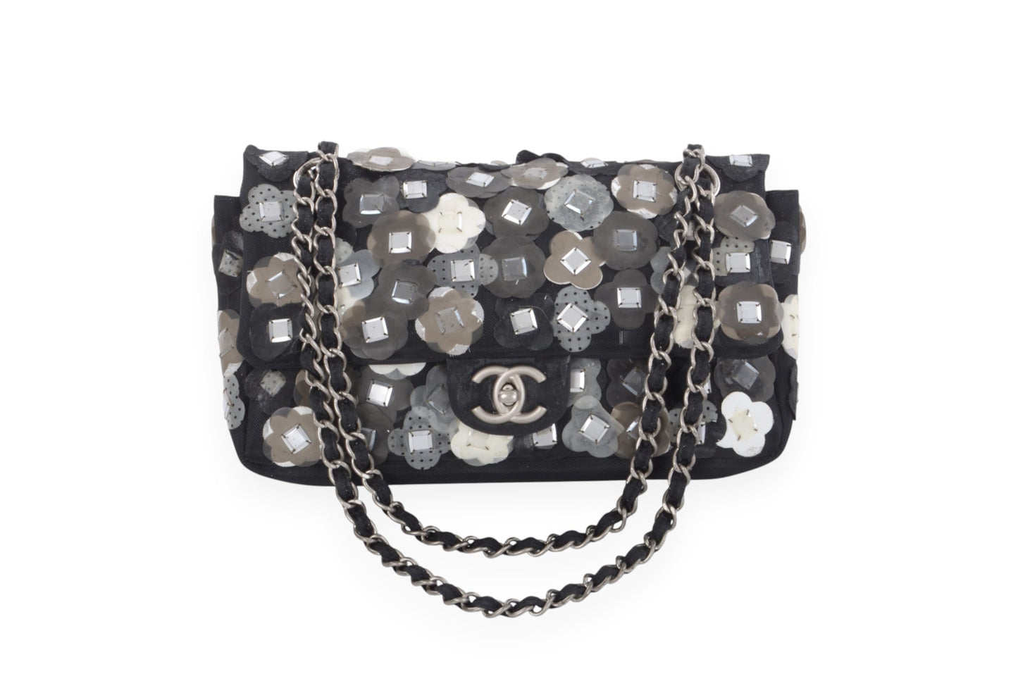 Chanel Mesh Paillette Flap Bag Sequined Floral Camellia Flowers Matelasse Black Vintage Turn Lock Chain Shoulder Bag Crossbody Rare Limited Edition