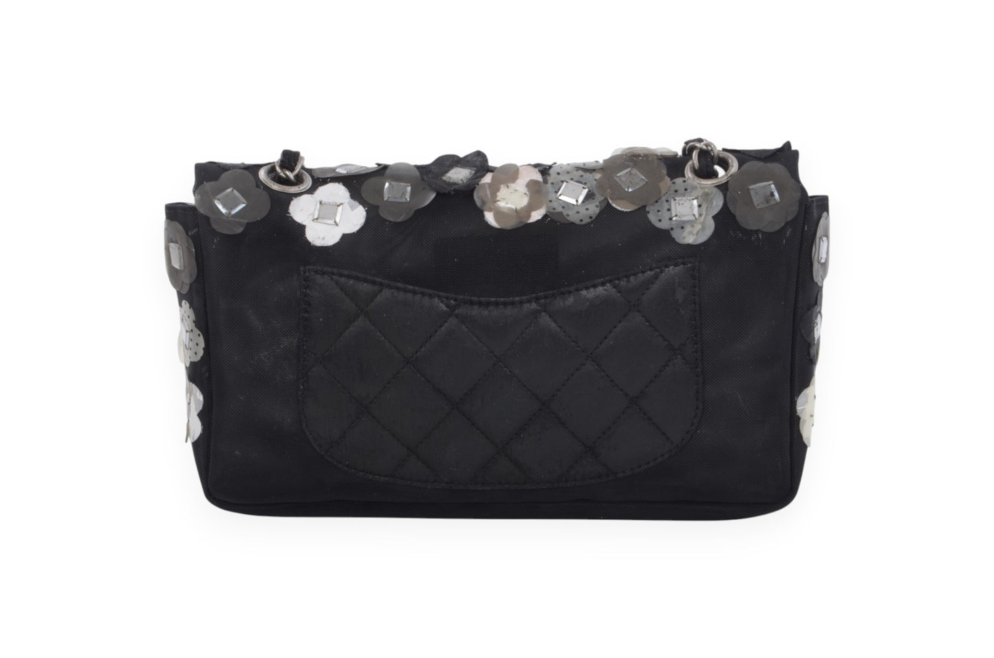 Chanel Mesh Paillette Flap Bag Sequined Floral Camellia Flowers Matelasse Black Vintage Turn Lock Chain Shoulder Bag Crossbody Rare Limited Edition