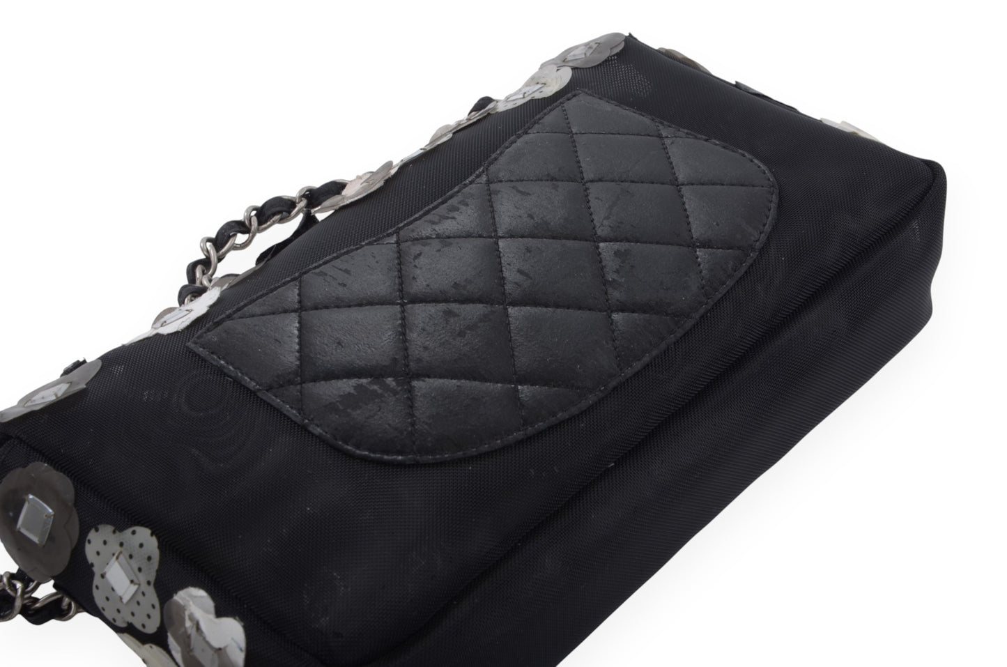 Chanel Mesh Paillette Flap Bag Sequined Floral Camellia Flowers Matelasse Black Vintage Turn Lock Chain Shoulder Bag Crossbody Rare Limited Edition