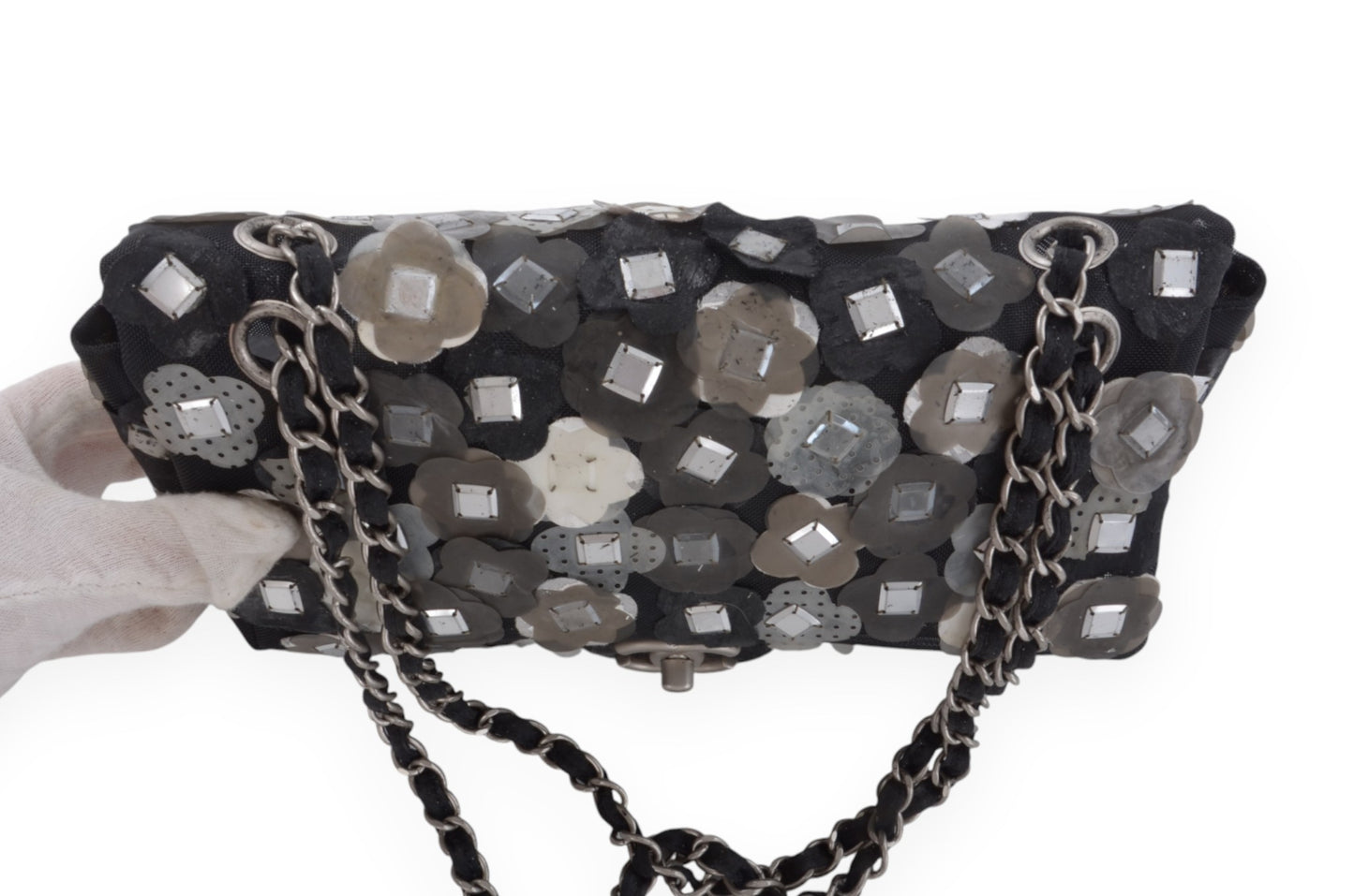 Chanel Mesh Paillette Flap Bag Sequined Floral Camellia Flowers Matelasse Black Vintage Turn Lock Chain Shoulder Bag Crossbody Rare Limited Edition