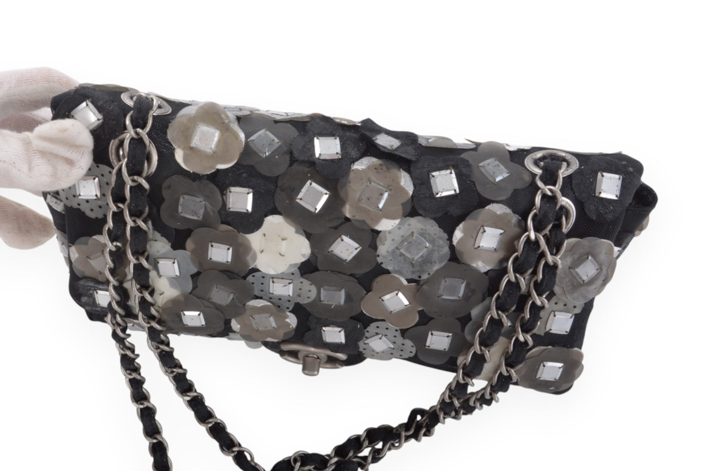 Chanel Mesh Paillette Flap Bag Sequined Floral Camellia Flowers Matelasse Black Vintage Turn Lock Chain Shoulder Bag Crossbody Rare Limited Edition