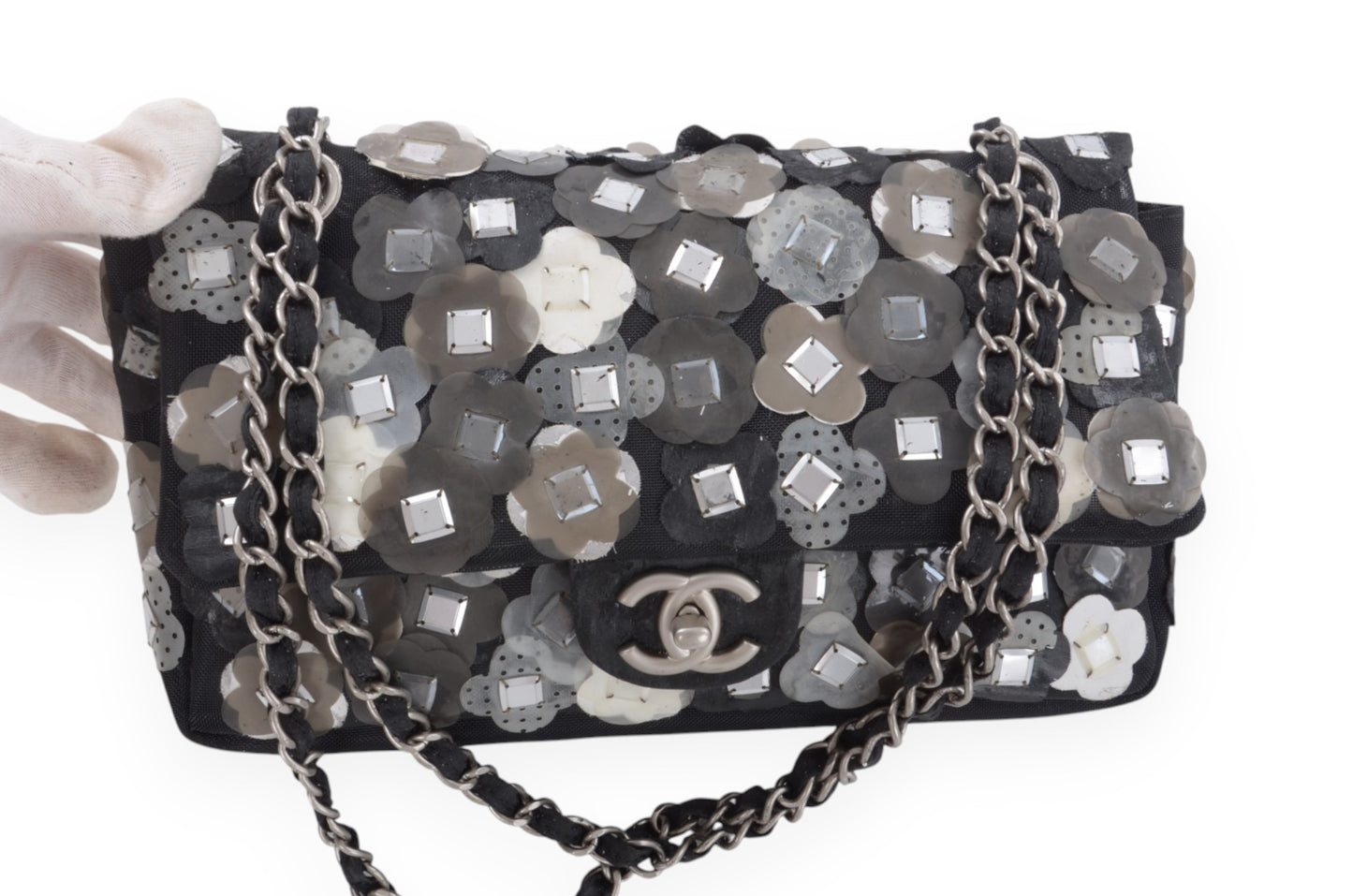 Chanel Mesh Paillette Flap Bag Sequined Floral Camellia Flowers Matelasse Black Vintage Turn Lock Chain Shoulder Bag Crossbody Rare Limited Edition