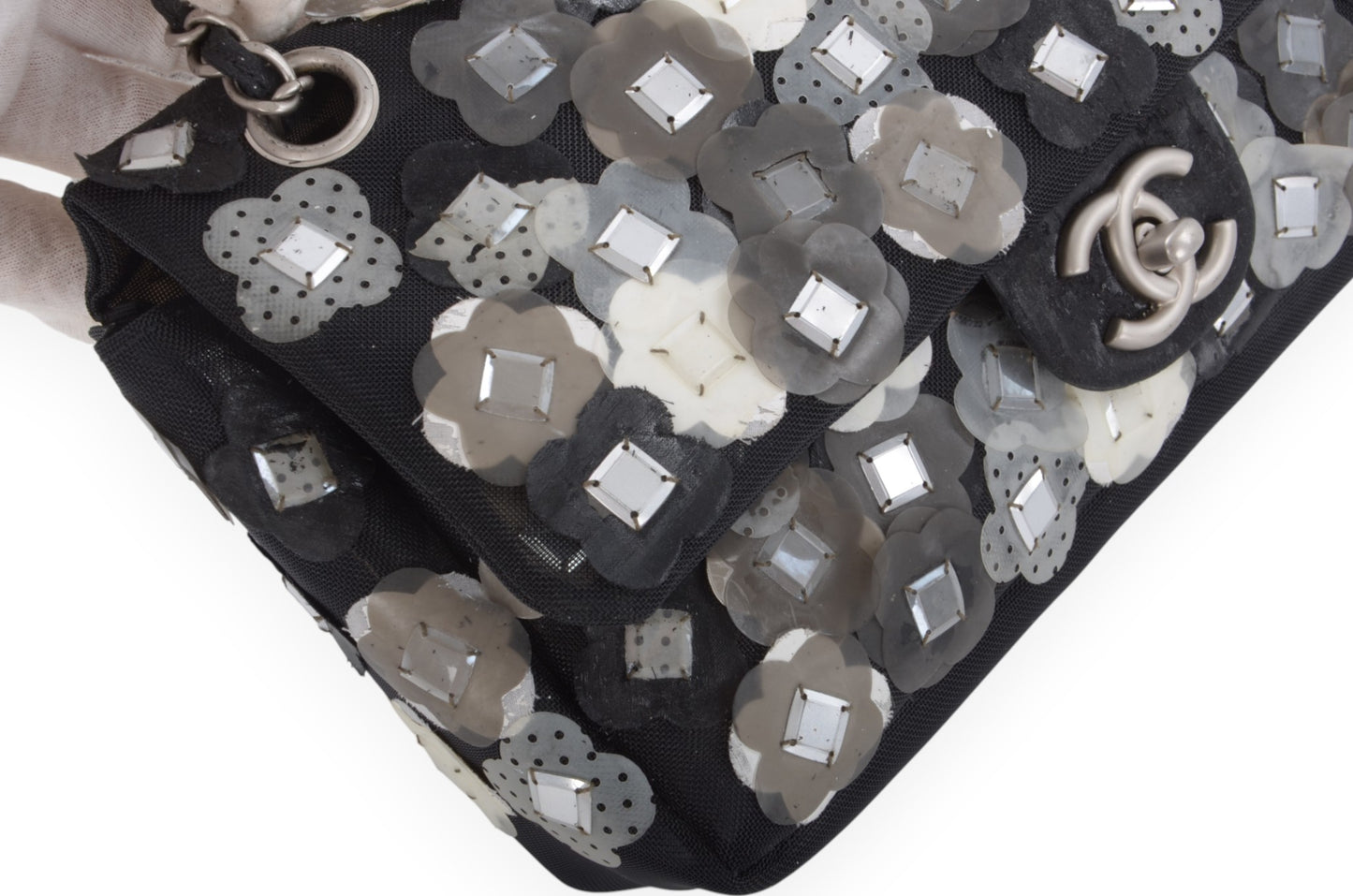 Chanel Mesh Paillette Flap Bag Sequined Floral Camellia Flowers Matelasse Black Vintage Turn Lock Chain Shoulder Bag Crossbody Rare Limited Edition