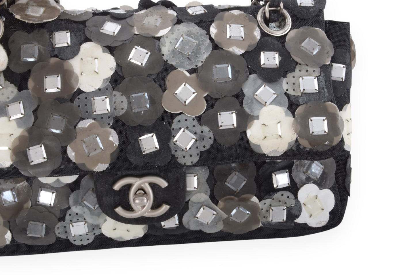Chanel Mesh Paillette Flap Bag Sequined Floral Camellia Flowers Matelasse Black Vintage Turn Lock Chain Shoulder Bag Crossbody Rare Limited Edition
