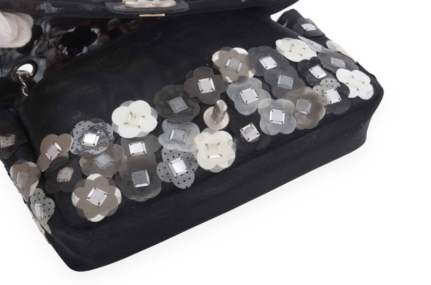 Chanel Mesh Paillette Flap Bag Sequined Floral Camellia Flowers Matelasse Black Vintage Turn Lock Chain Shoulder Bag Crossbody Rare Limited Edition