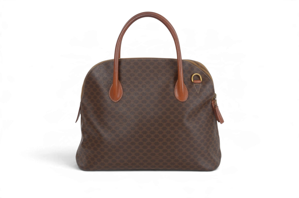 Vintage Celine Triomphe monogram brown canvas tote handbag front view