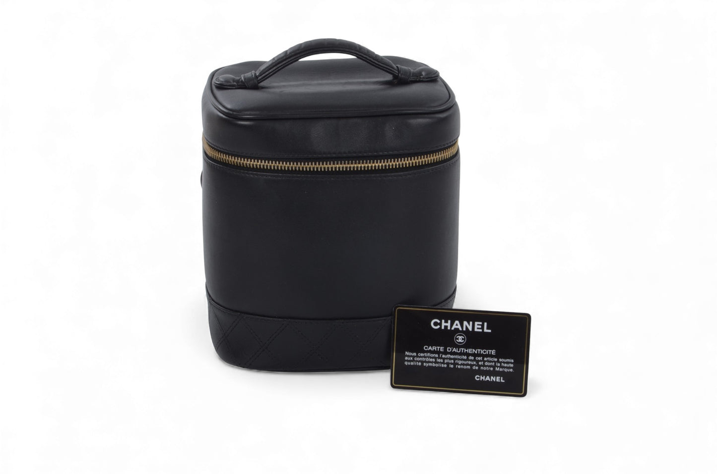 Chanel Quilted Vanity Toiletry Bag CC Logo Vintage Lambskin Leather Black Make Up Pouch