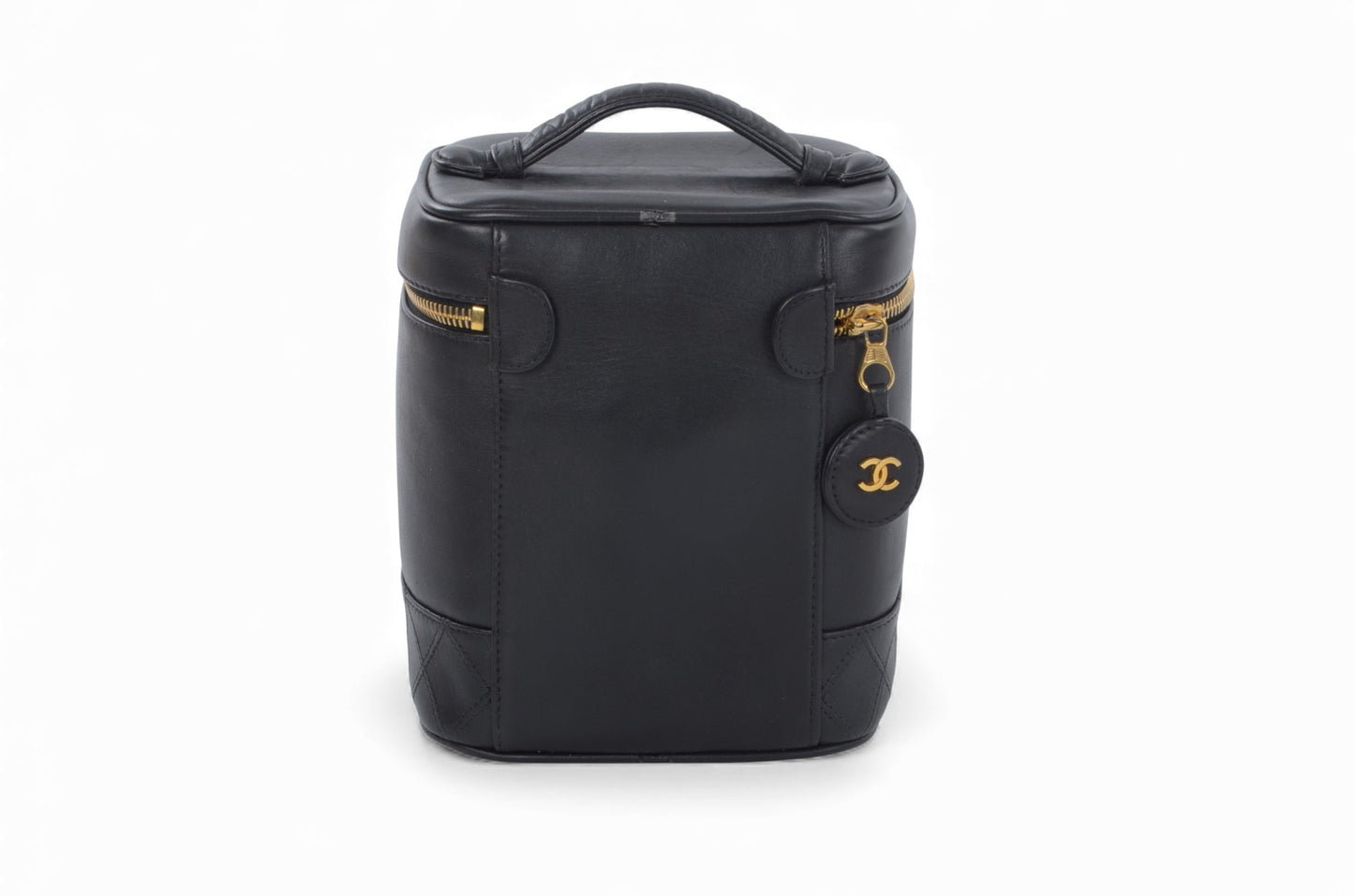 Chanel Quilted Vanity Toiletry Bag CC Logo Vintage Lambskin Leather Black Make Up Pouch