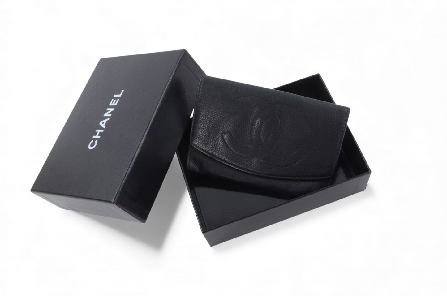 Chanel Caviar Leather Bifold Wallet Crossbody Bag Vintage Black Designer Classic