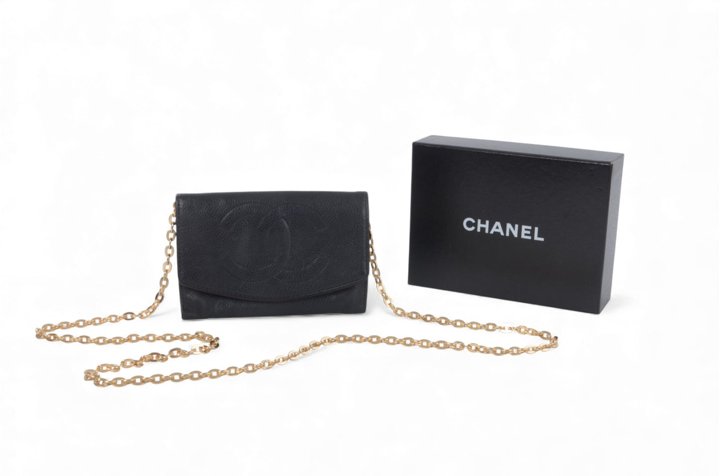 Chanel Caviar Leather Bifold Wallet Crossbody Bag Vintage Black Designer Classic