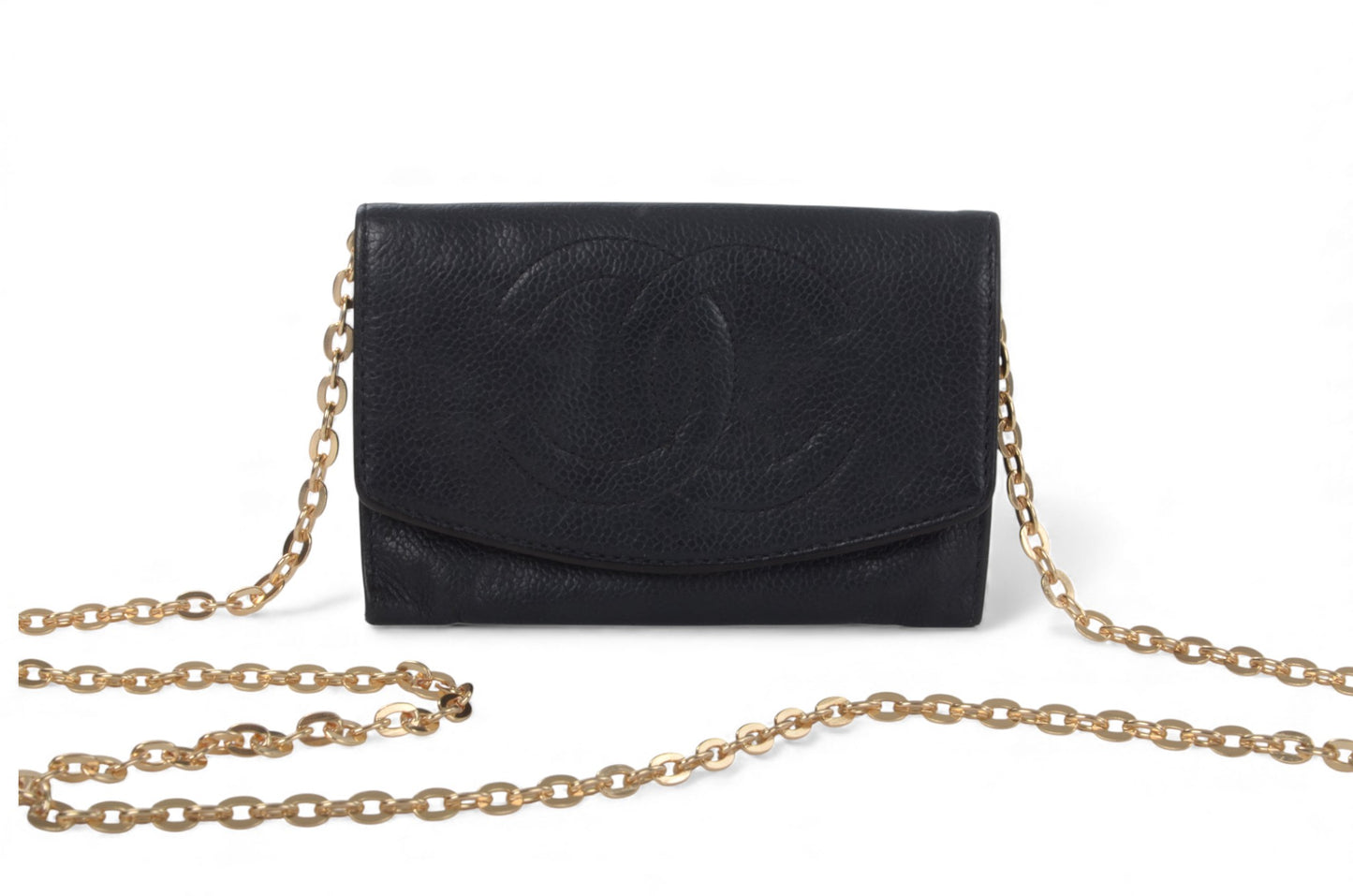 Chanel Caviar Leather Bifold Wallet Crossbody Bag Vintage Black Designer Classic