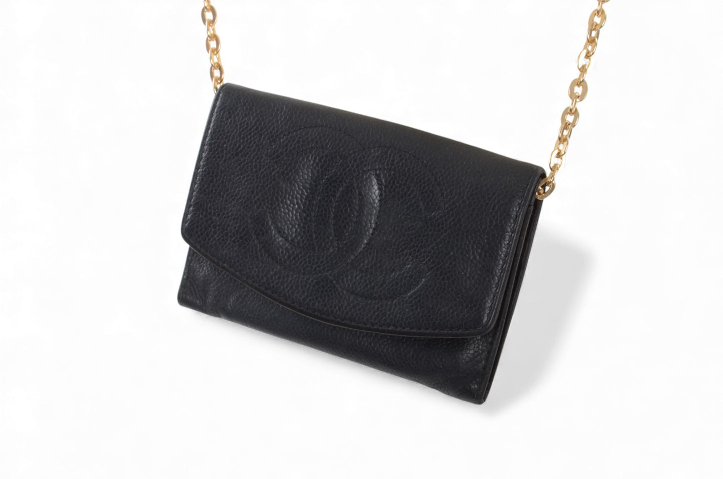 Chanel Caviar Leather Bifold Wallet Crossbody Bag Vintage Black Designer Classic