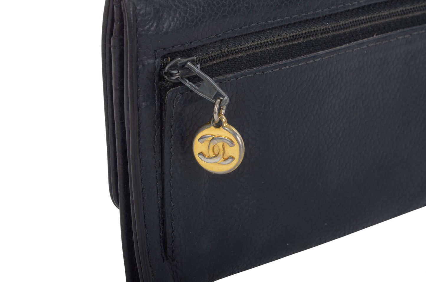 Chanel Caviar Leather Bifold Wallet Crossbody Bag Vintage Black Designer Classic