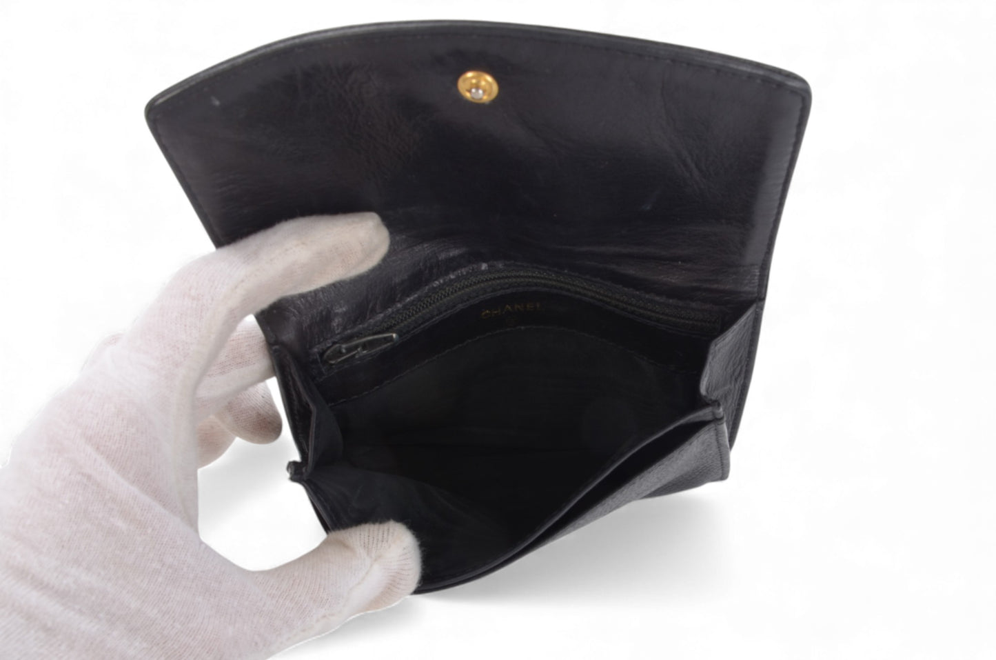 Chanel Caviar Leather Bifold Wallet Crossbody Bag Vintage Black Designer Classic