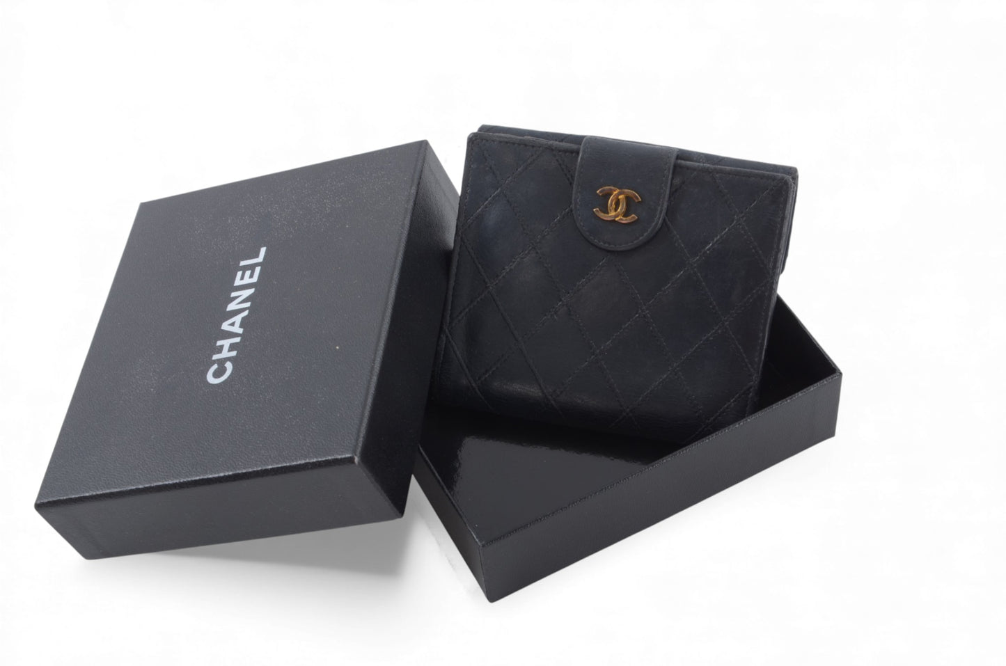 Chanel Quilted Lambskin Leather Wallet Bifold Wallet Vintage Black Matelasse Designer Classic