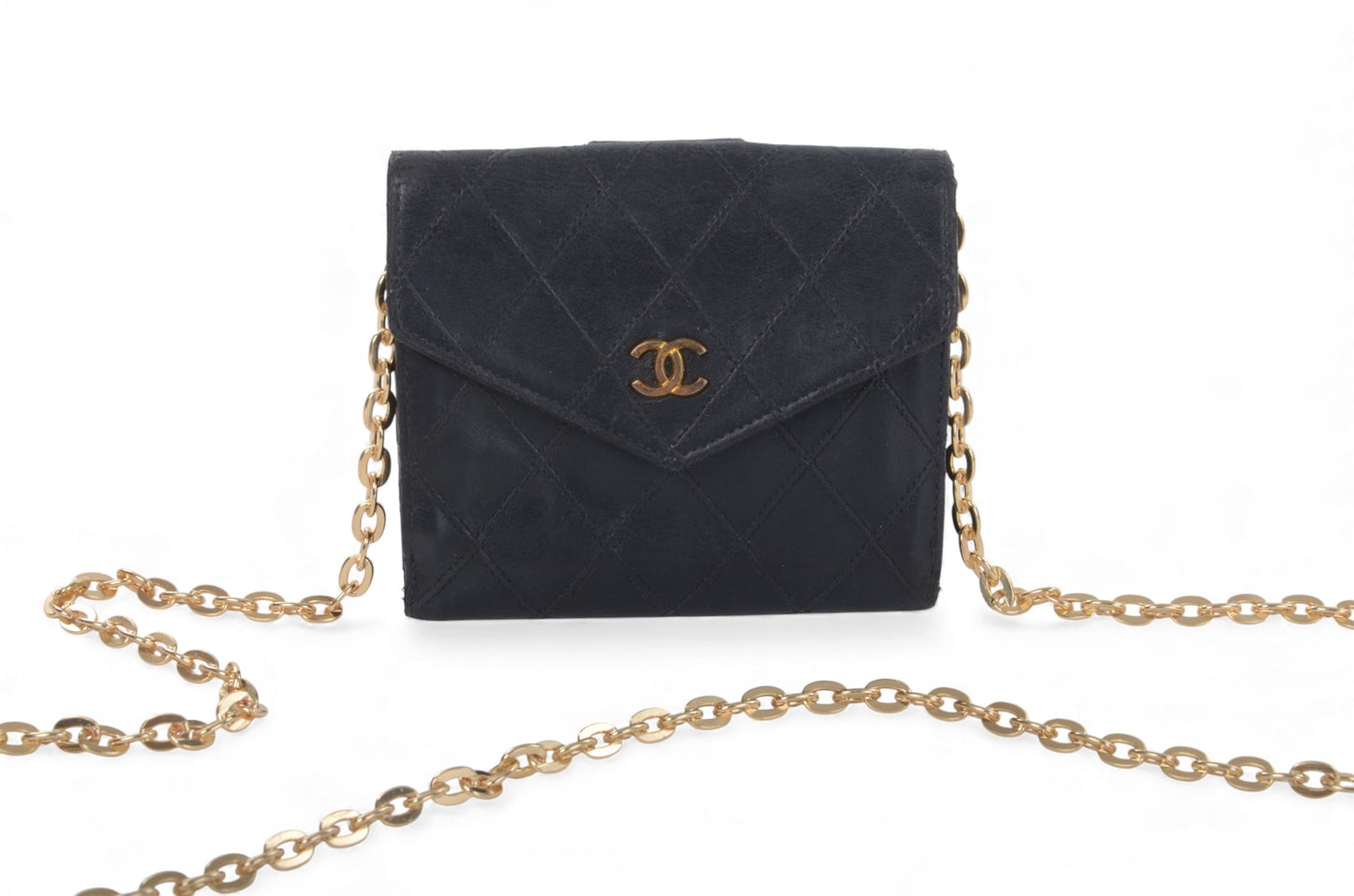 Chanel Quilted Lambskin Leather Wallet Bifold Wallet Vintage Black Matelasse Designer Classic