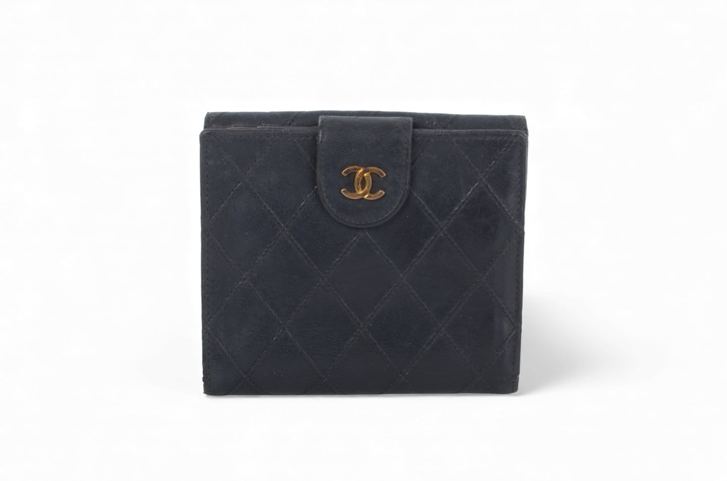 Chanel Quilted Lambskin Leather Wallet Bifold Wallet Vintage Black Matelasse Designer Classic