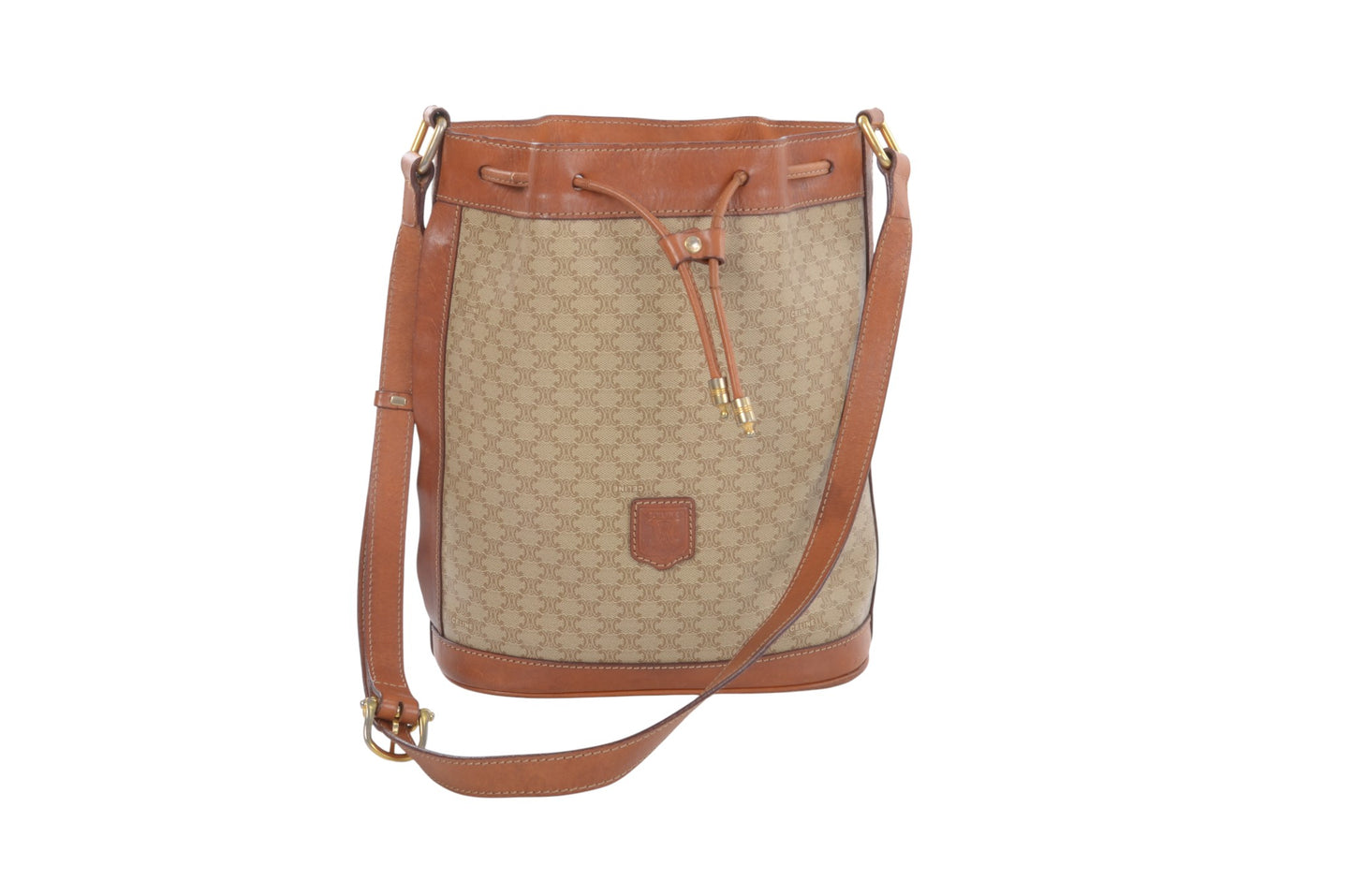 Celine Vintage Triomphe Shoulder Drawstring Bag Tote Handbag Monogram Brown Beige  Designer Classic