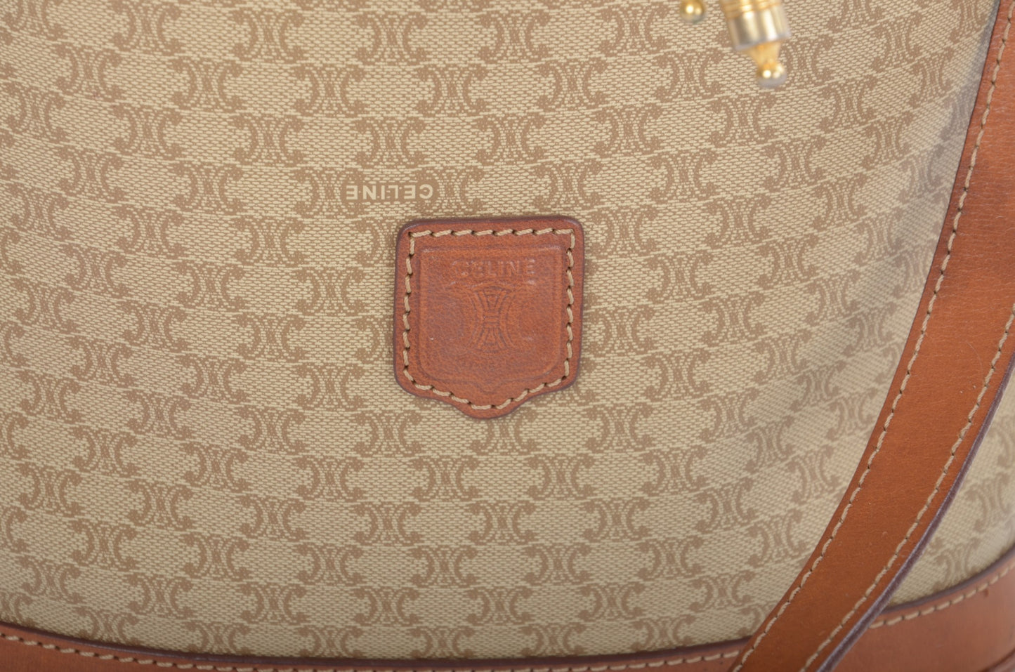 Celine Vintage Triomphe Shoulder Drawstring Bag Tote Handbag Monogram Brown Beige  Designer Classic