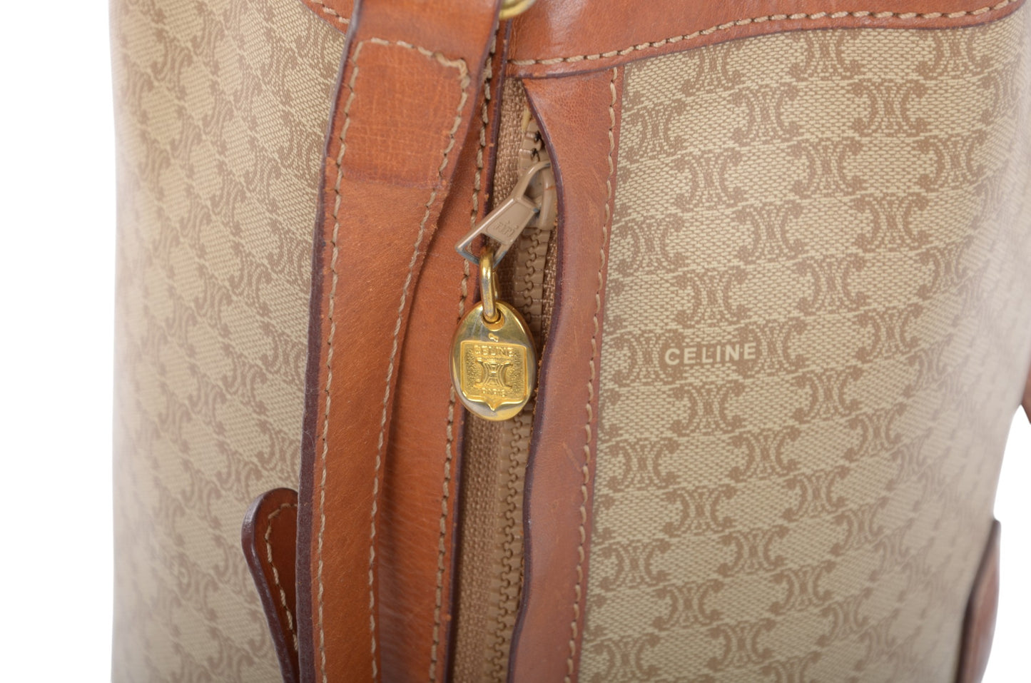 Celine Vintage Triomphe Shoulder Drawstring Bag Tote Handbag Monogram Brown Beige  Designer Classic