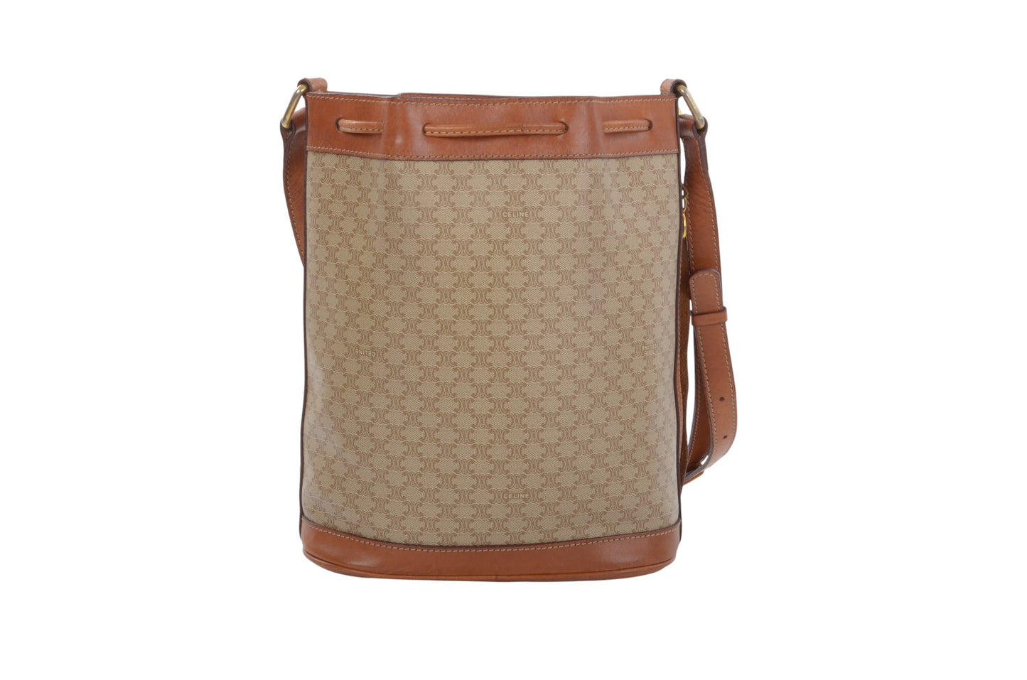 Celine Vintage Triomphe Shoulder Drawstring Bag Tote Handbag Monogram Brown Beige  Designer Classic