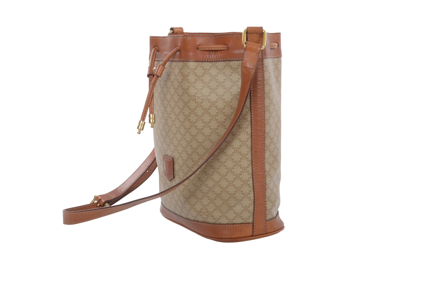 Celine Vintage Triomphe Shoulder Drawstring Bag Tote Handbag Monogram Brown Beige  Designer Classic