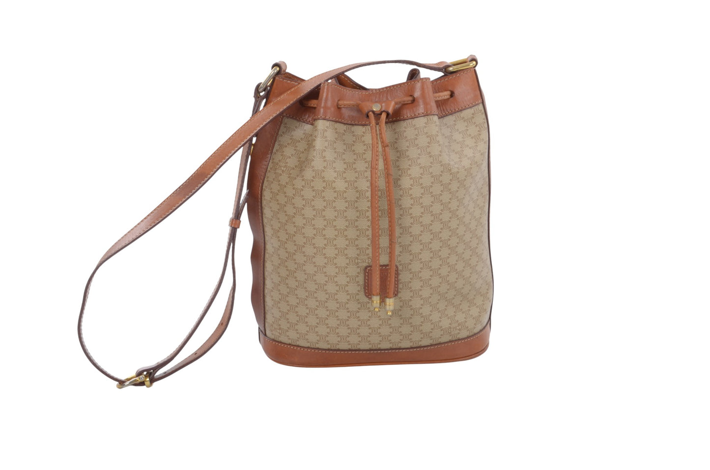 Celine Vintage Triomphe Shoulder Drawstring Bag Tote Handbag Monogram Brown Beige  Designer Classic