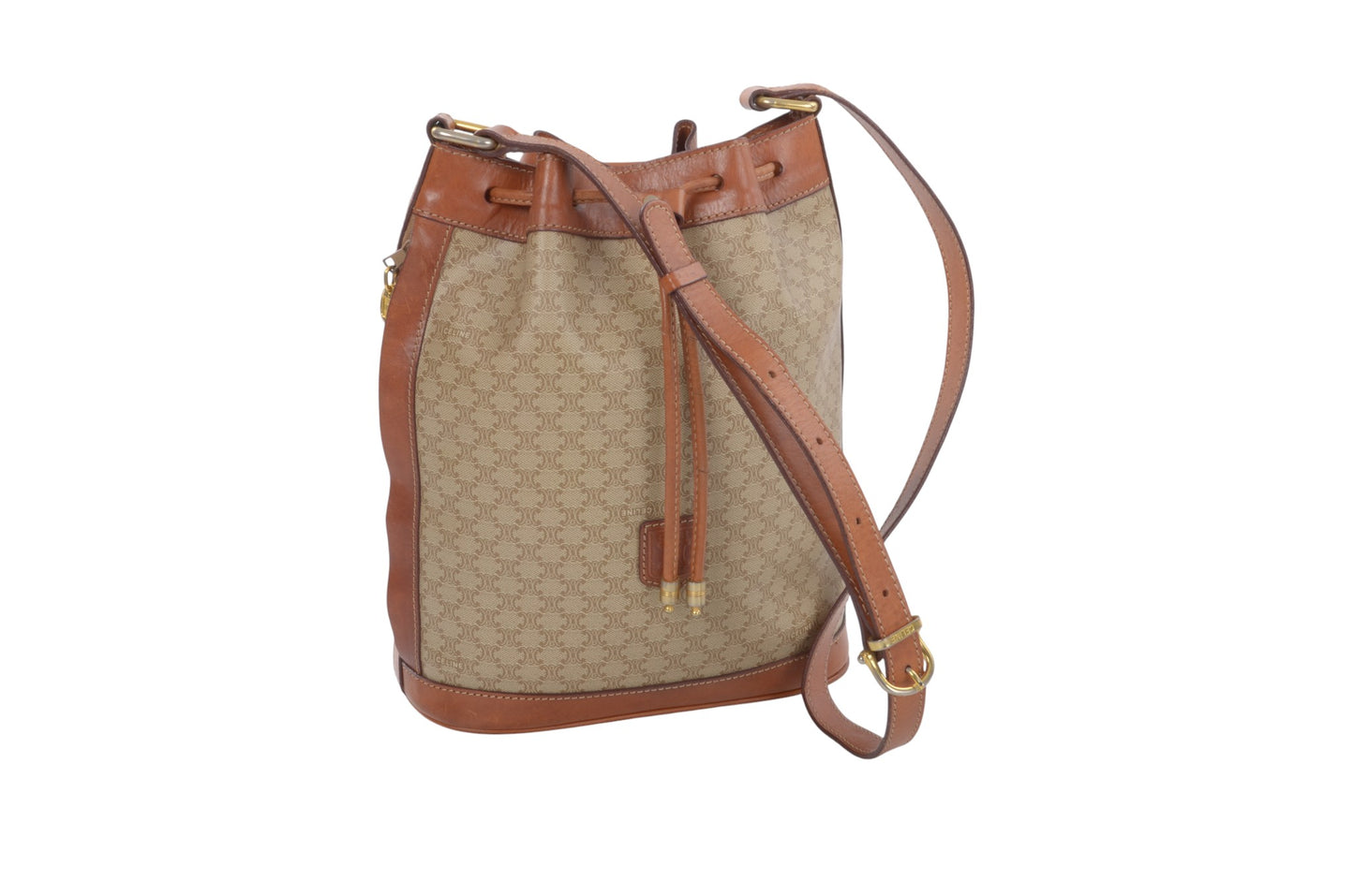 Celine Vintage Triomphe Shoulder Drawstring Bag Tote Handbag Monogram Brown Beige  Designer Classic