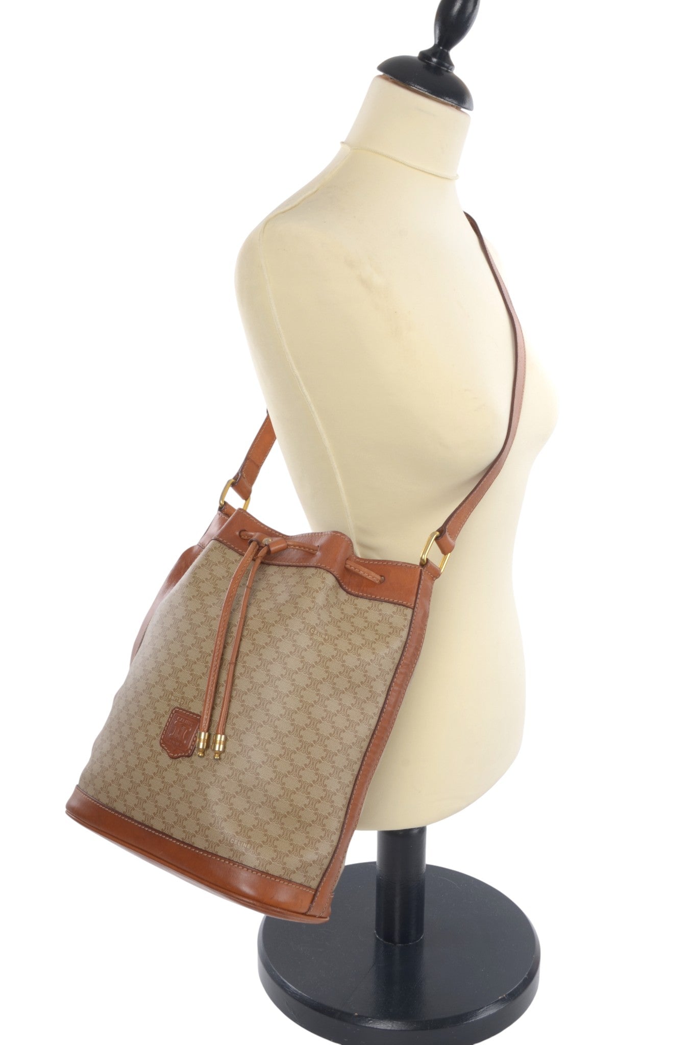 Celine Vintage Triomphe Shoulder Drawstring Bag Tote Handbag Monogram Brown Beige  Designer Classic
