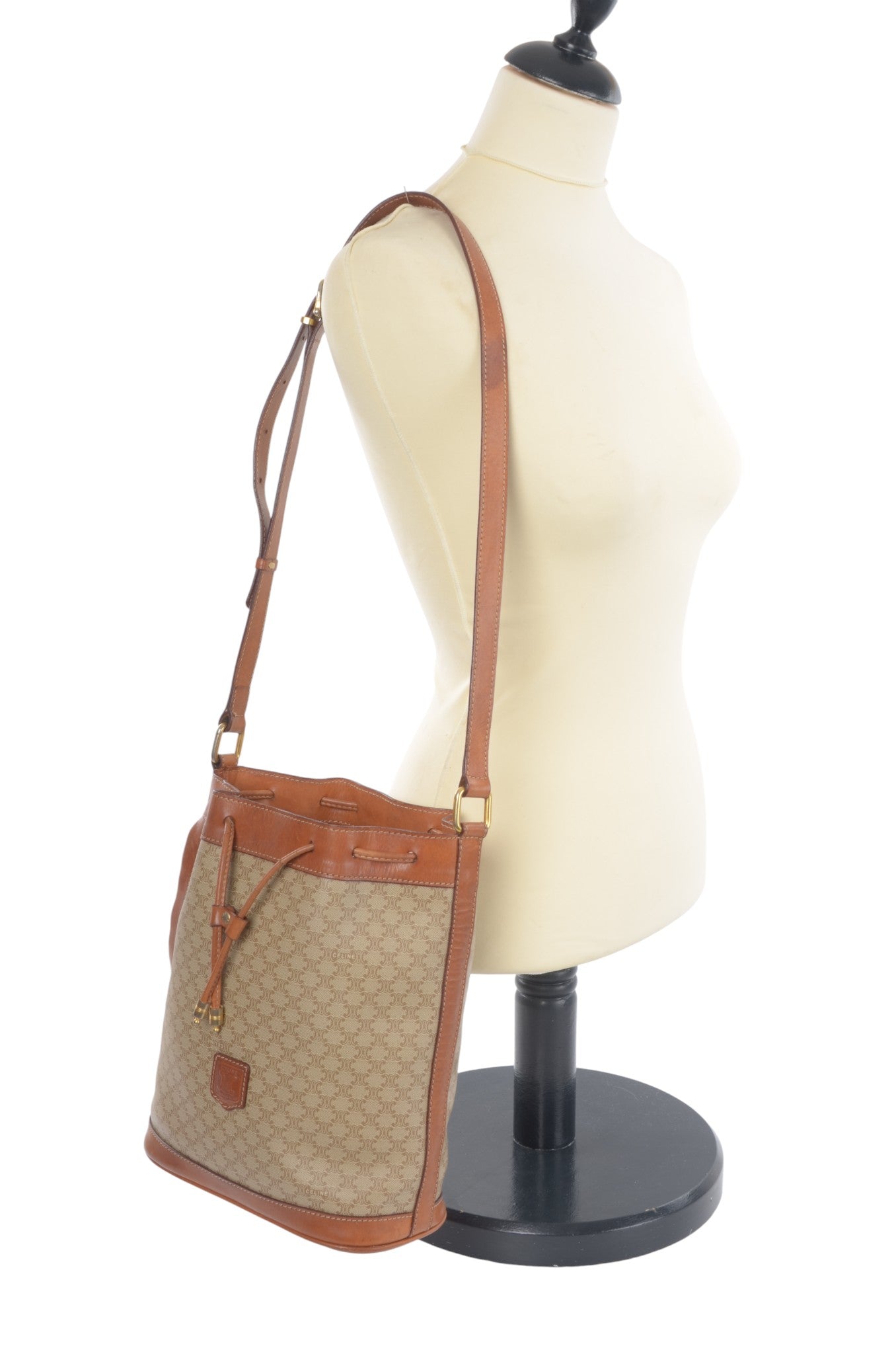 Celine Vintage Triomphe Shoulder Drawstring Bag Tote Handbag Monogram Brown Beige  Designer Classic